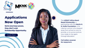 LESSAT-Africa need-based scholarship for Liberian women returning to education, featuring a confident African woman and “Applications Now Open”